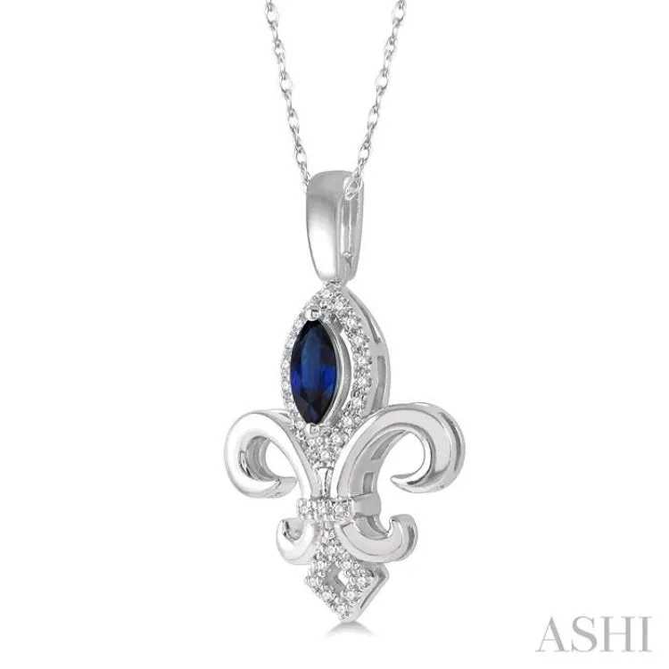 1/10 Ctw 6x3mm Marquise Shape Sapphire & Round Cut Diamond Fleur De Lis Precious Pendant With Chain in 10K White Gold