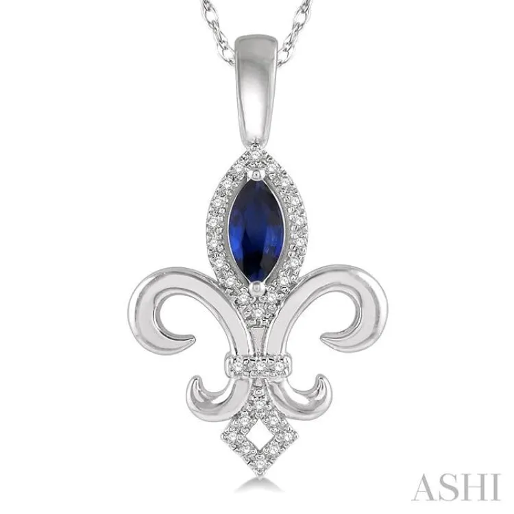 1/10 Ctw 6x3mm Marquise Shape Sapphire & Round Cut Diamond Fleur De Lis Precious Pendant With Chain in 10K White Gold