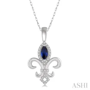 1/10 Ctw 6x3mm Marquise Shape Sapphire & Round Cut Diamond Fleur De Lis Precious Pendant With Chain in 10K White Gold