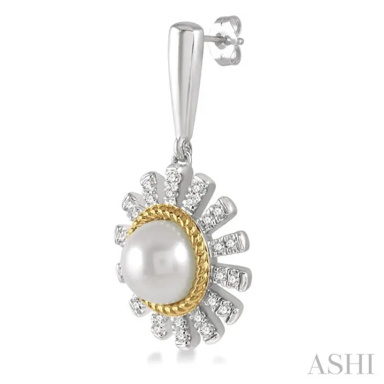 1/5 Ctw Sunflower 6x6mm Pearl & Round Cut Diamond Earring in 10K White and Yellow Gold