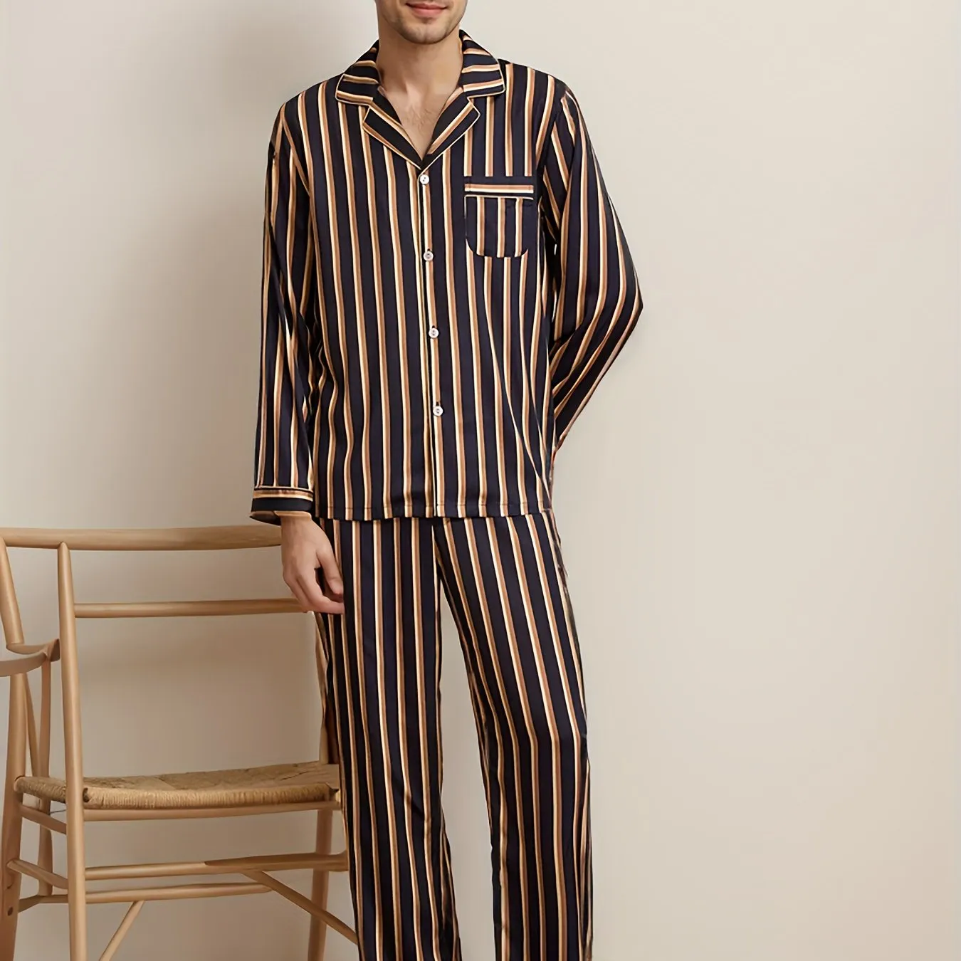 2 Pcs Men's Simple Striped Lapel Long Sleeve & Trousers Ice Silk Pajama Set, Comfortable & Skin-friendly Style Pajamas For Men's Cozy Loungewear