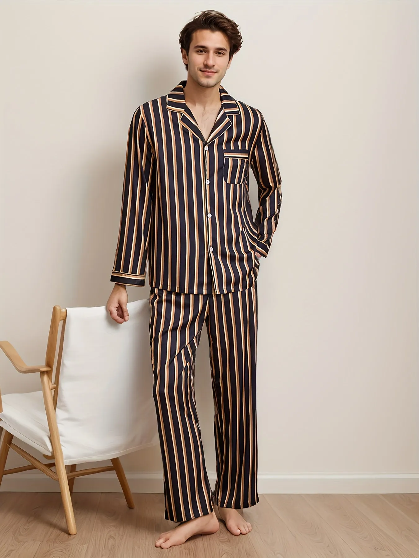 2 Pcs Men's Simple Striped Lapel Long Sleeve & Trousers Ice Silk Pajama Set, Comfortable & Skin-friendly Style Pajamas For Men's Cozy Loungewear