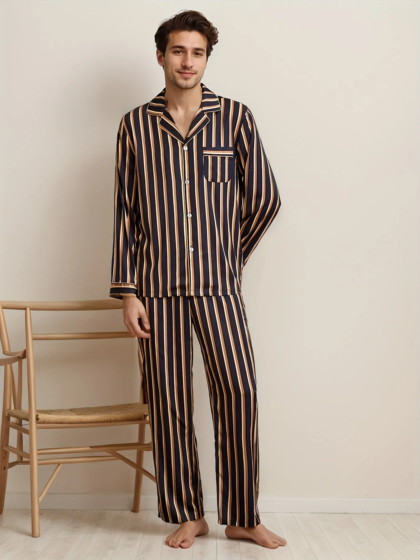 2 Pcs Men's Simple Striped Lapel Long Sleeve & Trousers Ice Silk Pajama Set, Comfortable & Skin-friendly Style Pajamas For Men's Cozy Loungewear