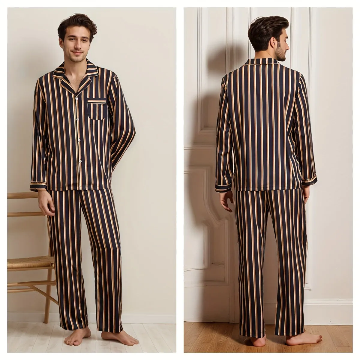 2 Pcs Men's Simple Striped Lapel Long Sleeve & Trousers Ice Silk Pajama Set, Comfortable & Skin-friendly Style Pajamas For Men's Cozy Loungewear