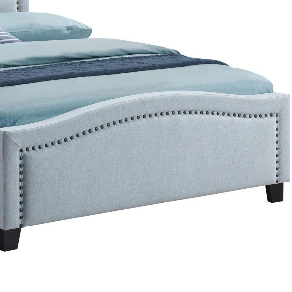 Alex King Size Bed, Slate Blue Fabric Upholstered, Nailhead Trim By Casagear Home