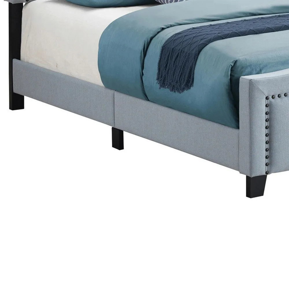 Alex King Size Bed, Slate Blue Fabric Upholstered, Nailhead Trim By Casagear Home