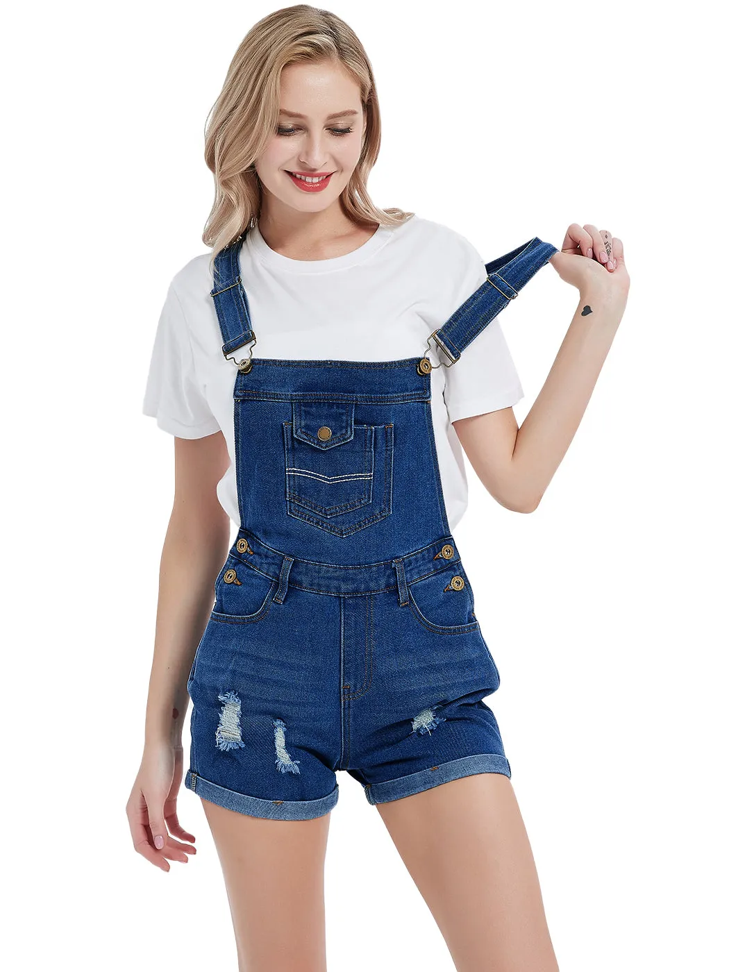 Anna-Kaci Women's Distressed Short Overalls Adjustable Denim Bib Overall Shorts Roll Cuff Romper