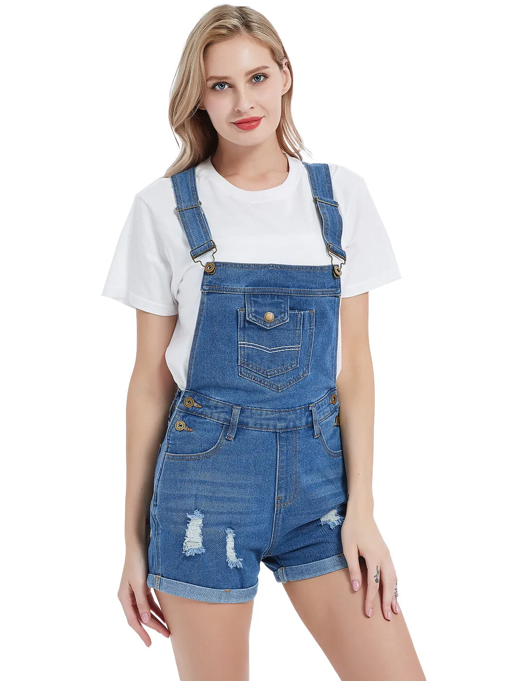 Anna-Kaci Women's Distressed Short Overalls Adjustable Denim Bib Overall Shorts Roll Cuff Romper