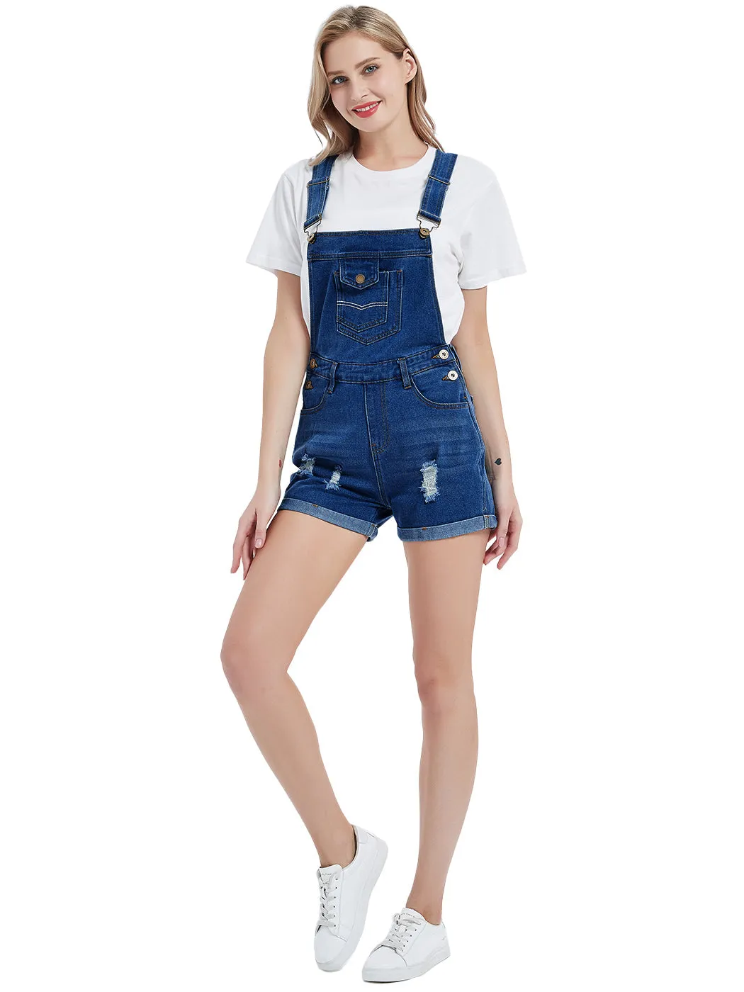 Anna-Kaci Women's Distressed Short Overalls Adjustable Denim Bib Overall Shorts Roll Cuff Romper