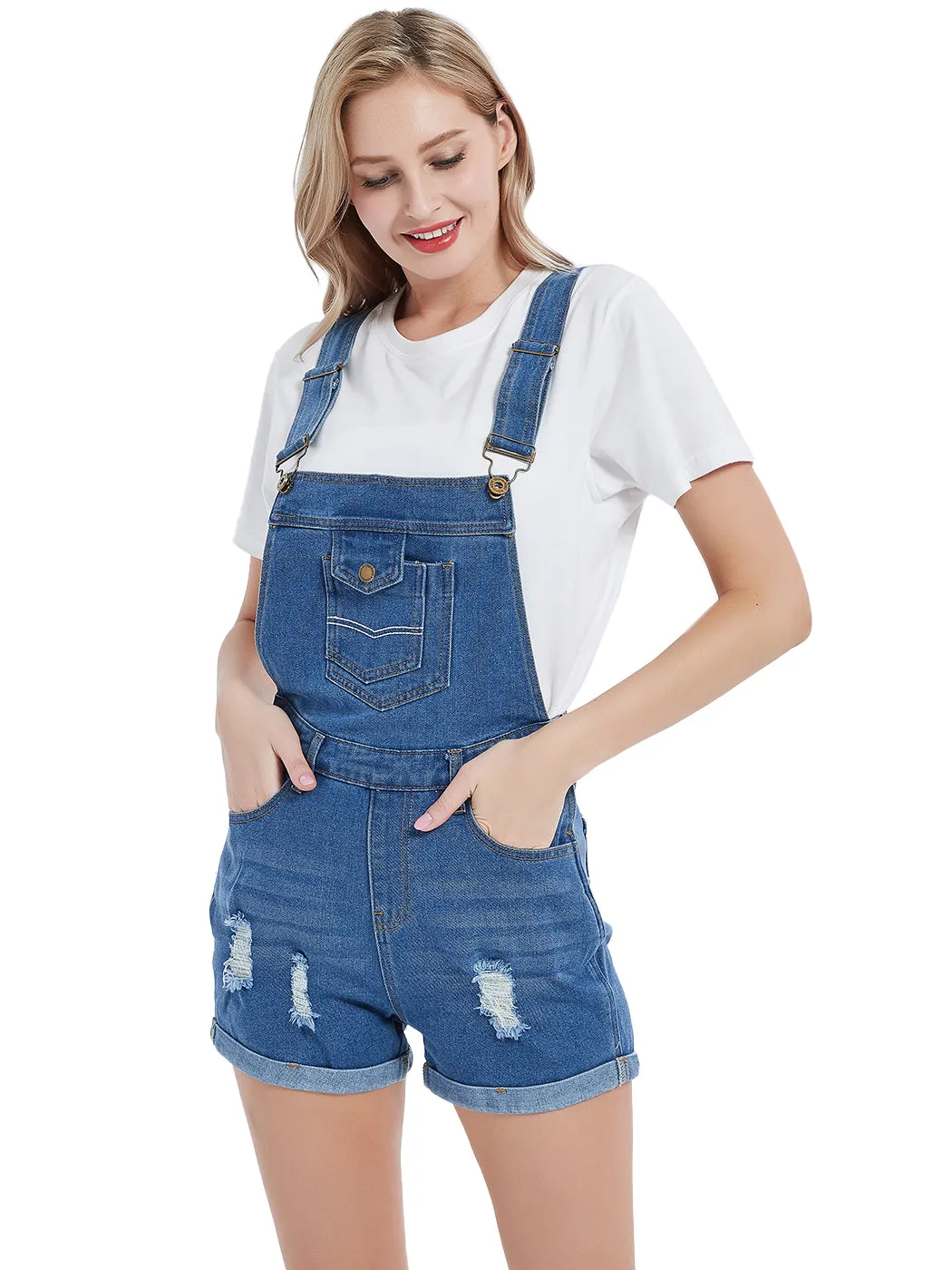 Anna-Kaci Women's Distressed Short Overalls Adjustable Denim Bib Overall Shorts Roll Cuff Romper