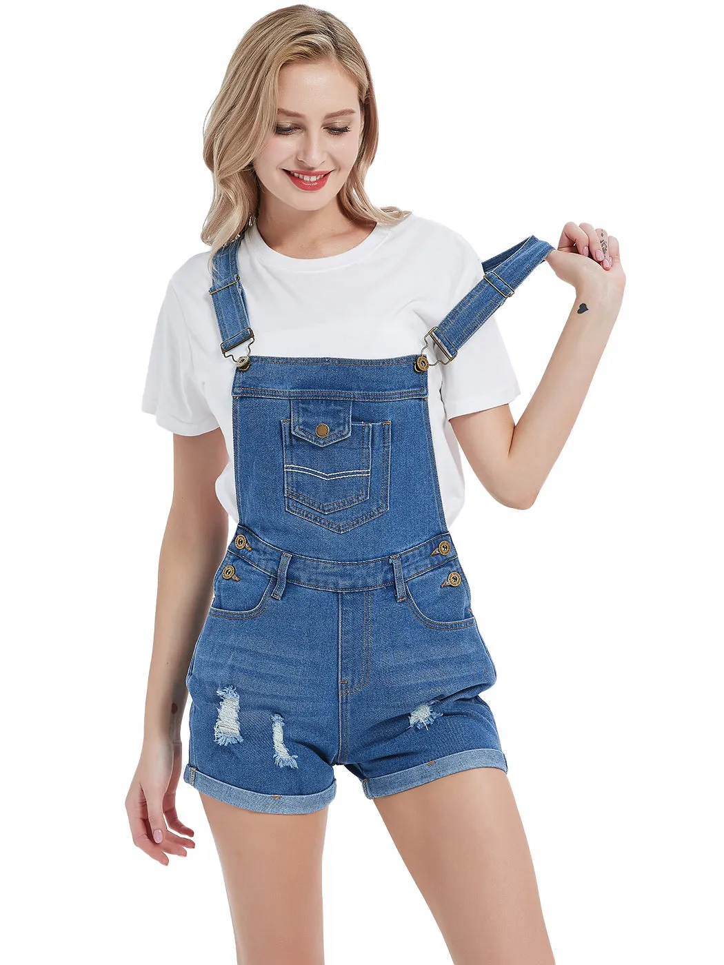 Anna-Kaci Women's Distressed Short Overalls Adjustable Denim Bib Overall Shorts Roll Cuff Romper