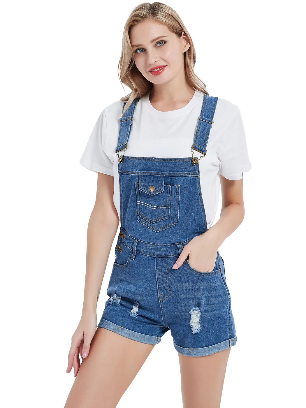 Anna-Kaci Women's Distressed Short Overalls Adjustable Denim Bib Overall Shorts Roll Cuff Romper