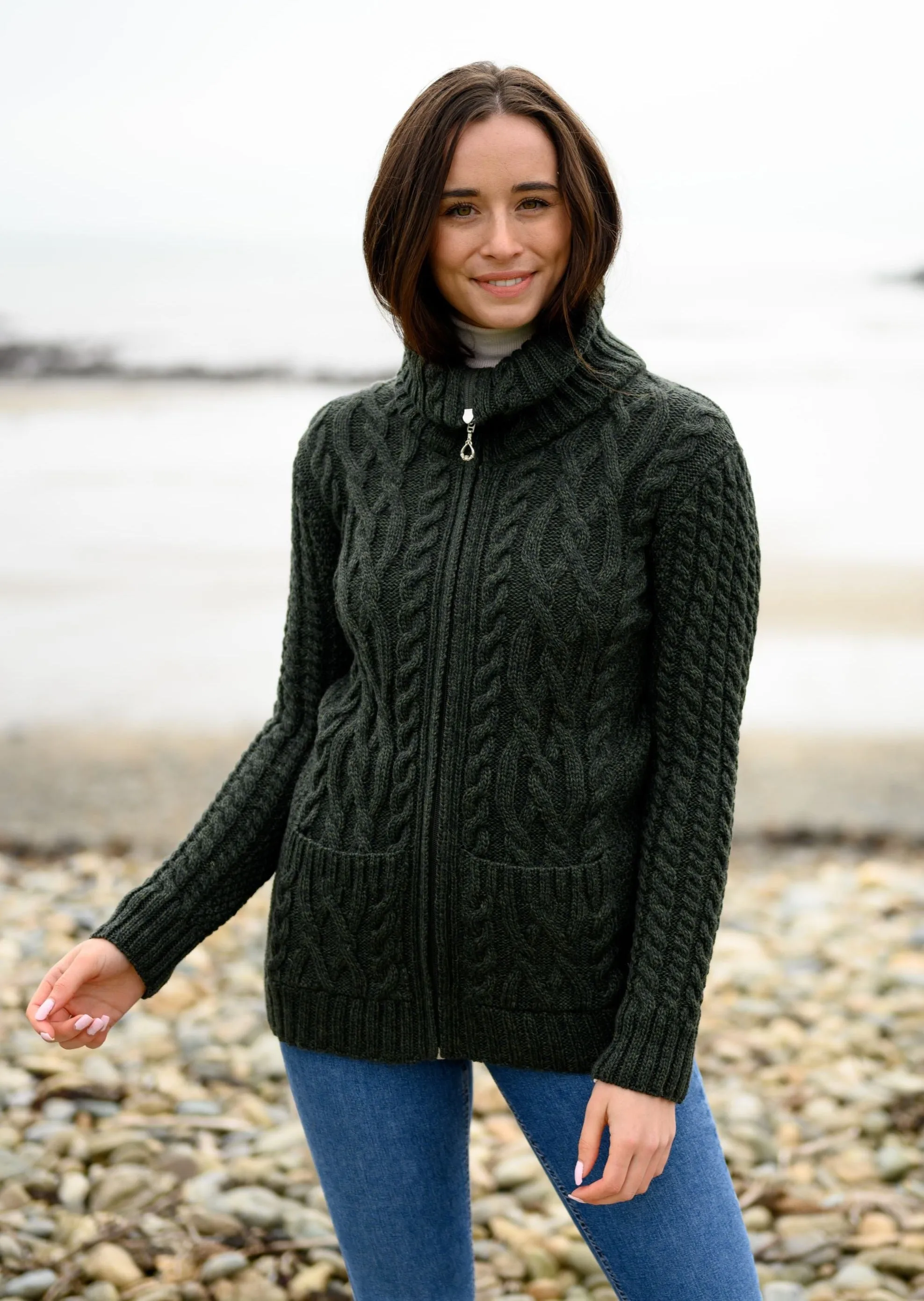 Aran Claddagh Zip Cardigan | Green