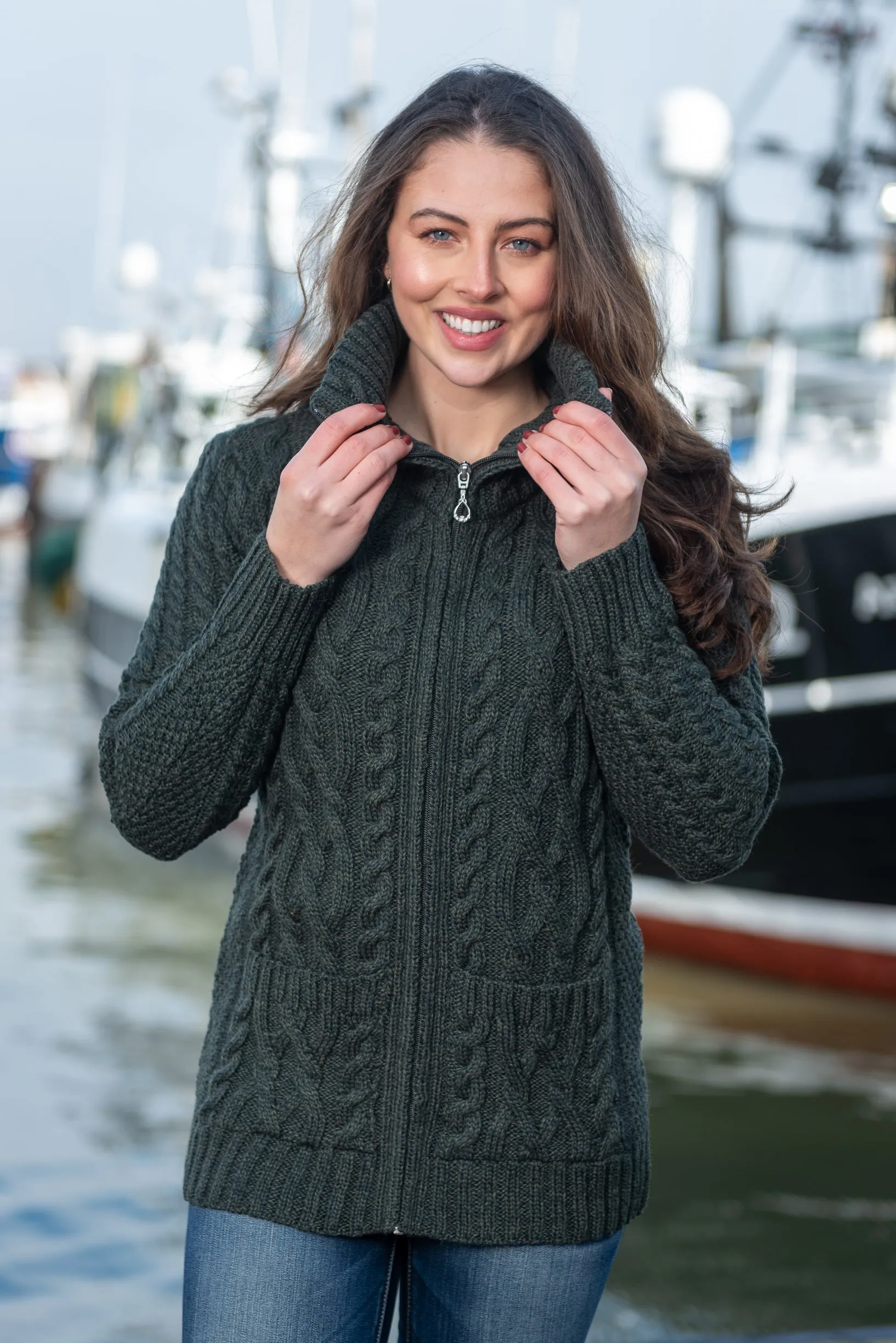 Aran Claddagh Zip Cardigan | Green