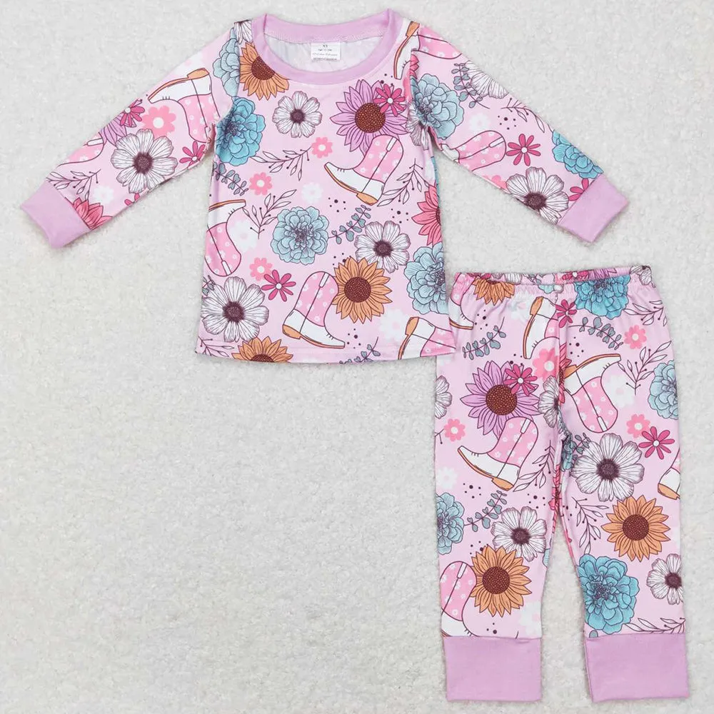 Baby Girls Pajams Pink Flowers Boots Western Shirt Top Pants Sets GLP0977