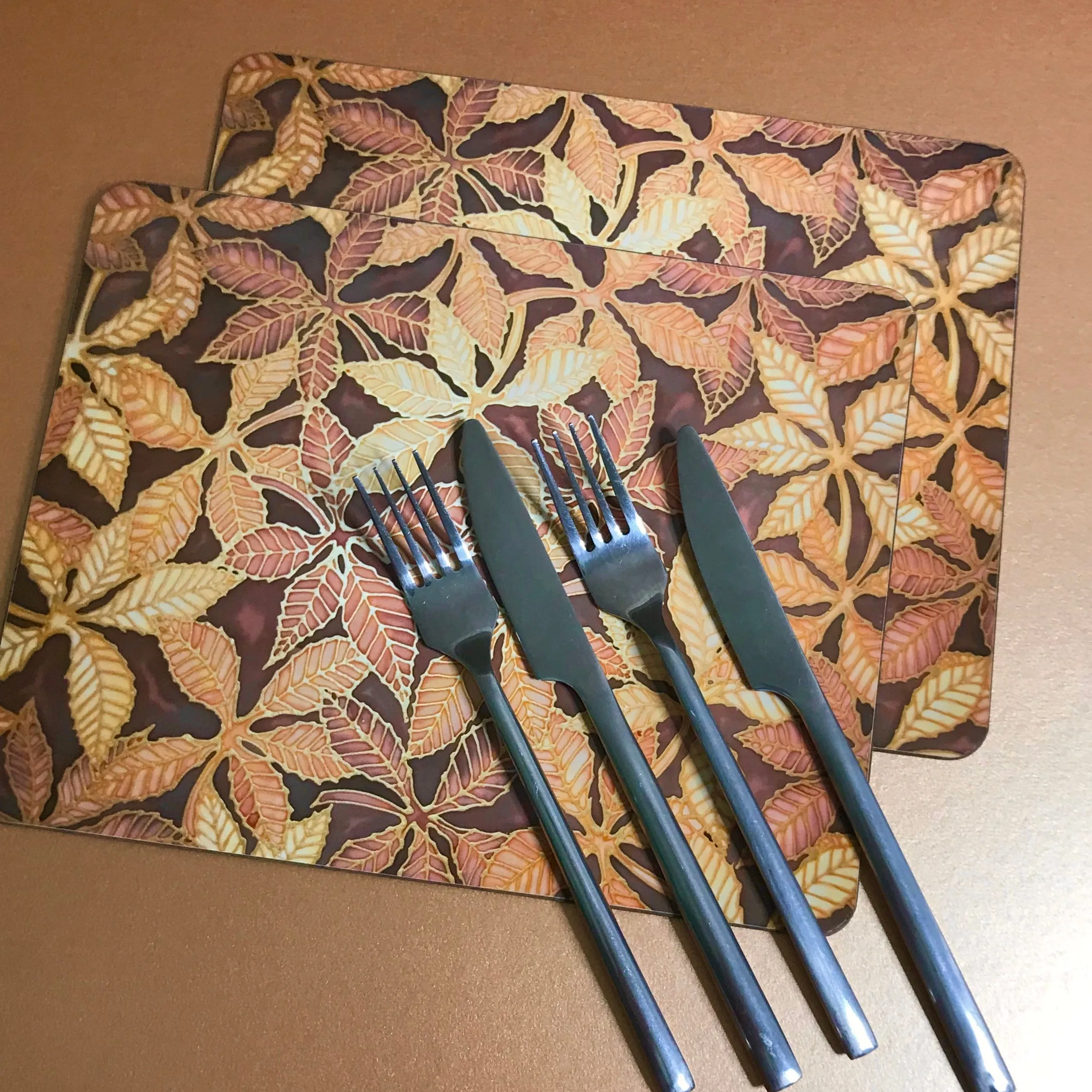 Beech Leaves Place Mats - Caramel Chocolate Table Mats - round place mats - rectangular place mats & coasters - glass chopping boards / counter savers, serving trays, mugs and mouse mats