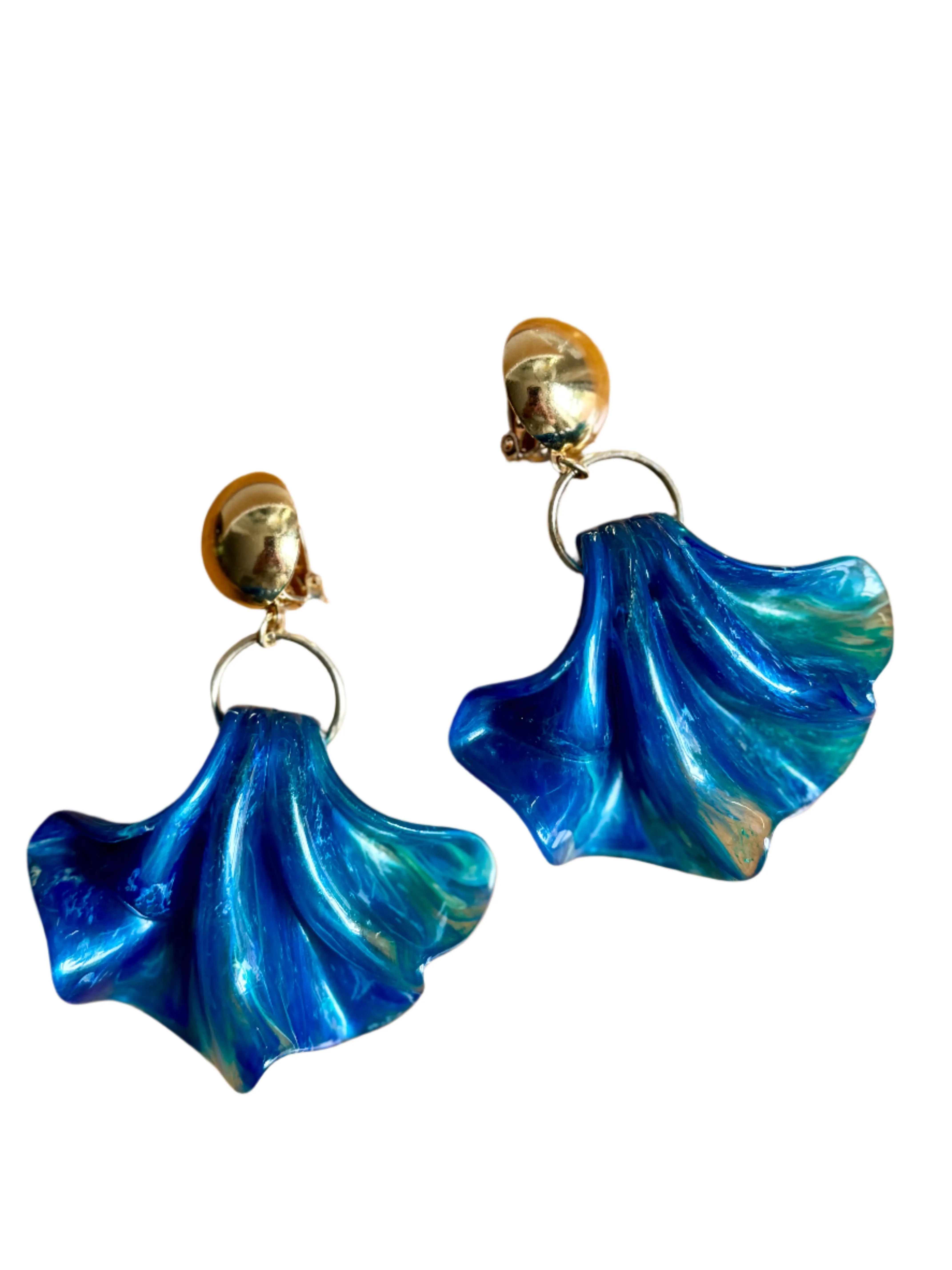 Blue Marbled Resin Fan Clip-On Earrings