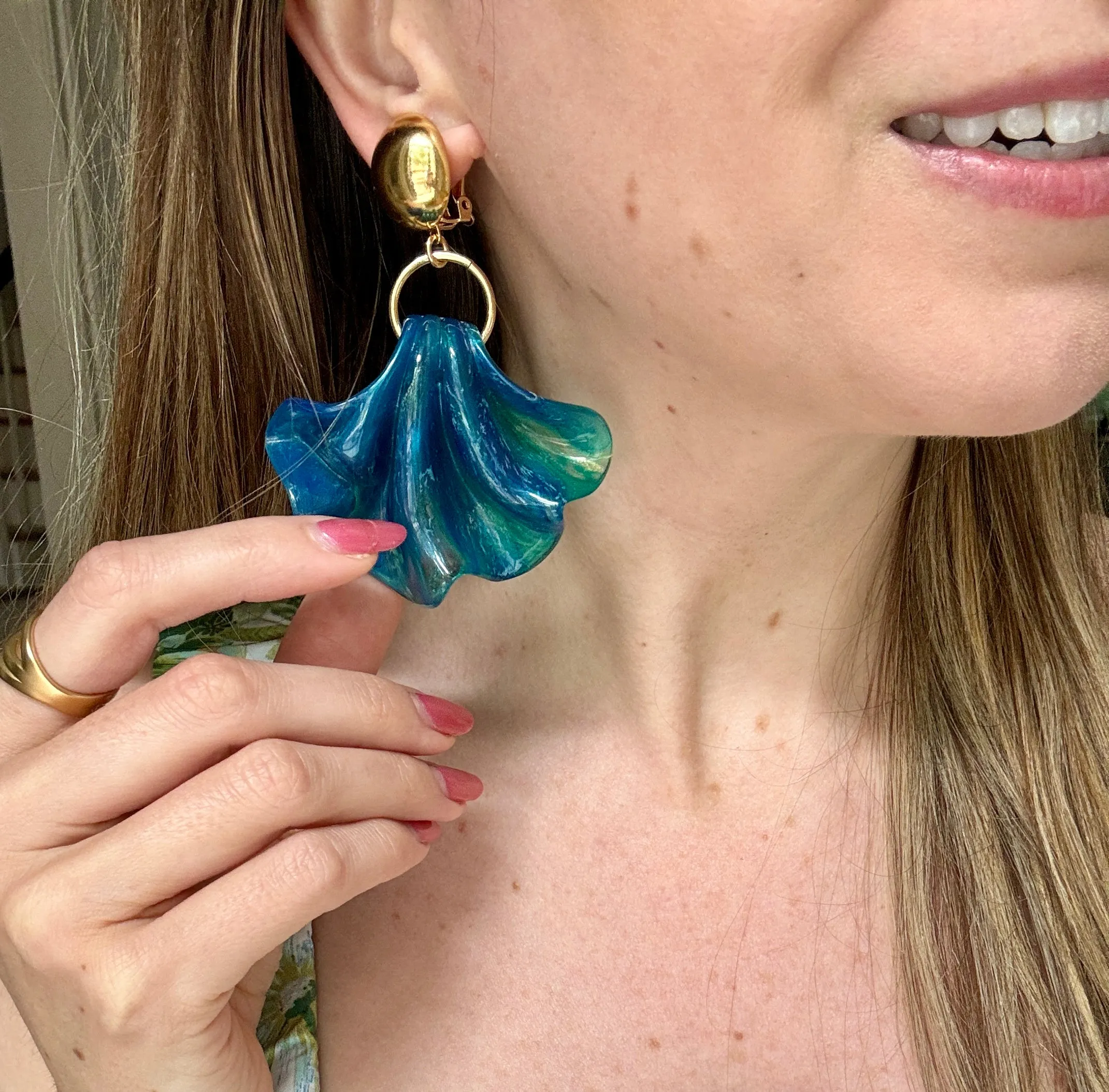 Blue Marbled Resin Fan Clip-On Earrings