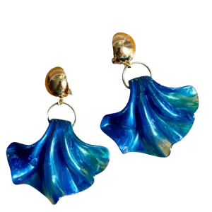 Blue Marbled Resin Fan Clip-On Earrings