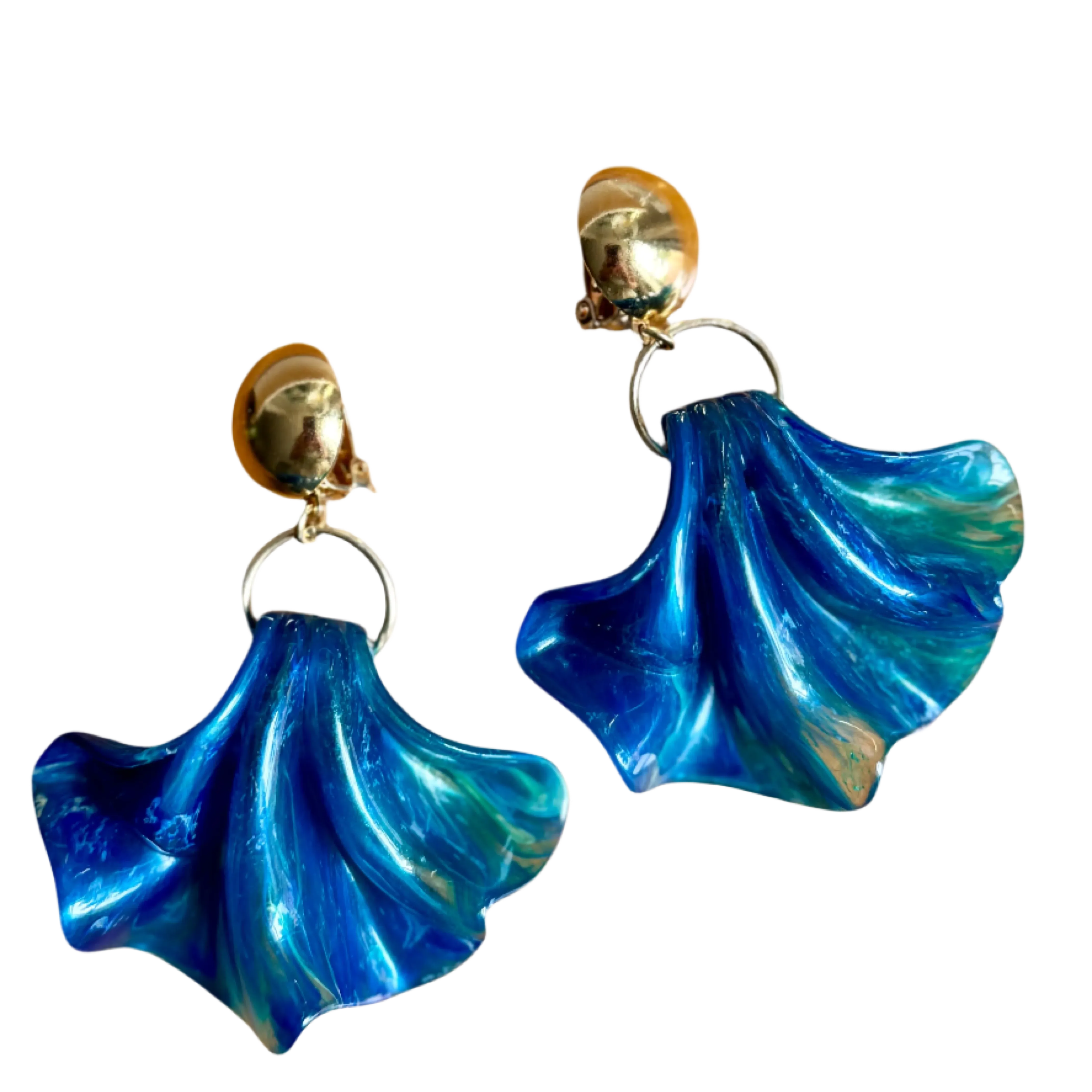 Blue Marbled Resin Fan Clip-On Earrings