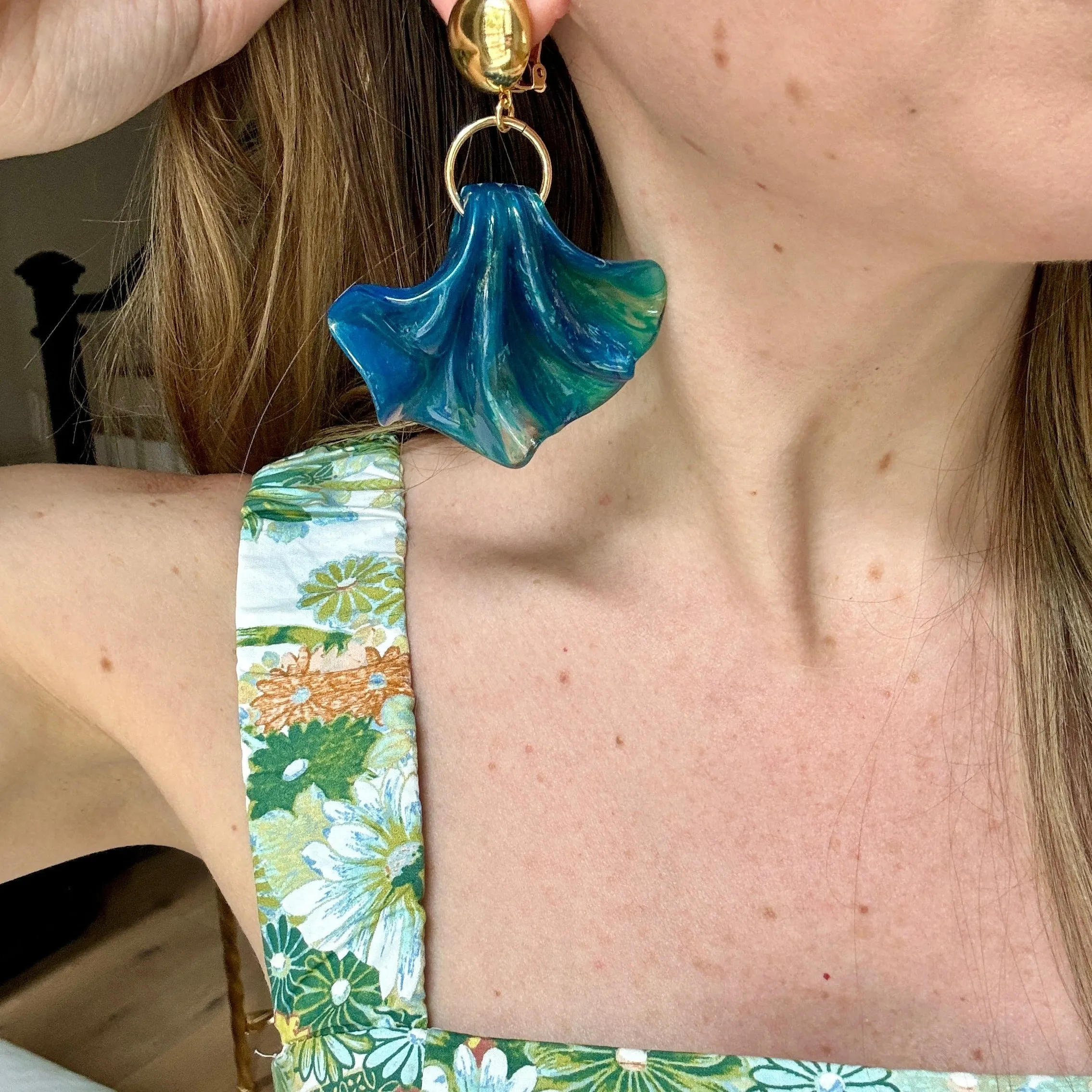 Blue Marbled Resin Fan Clip-On Earrings