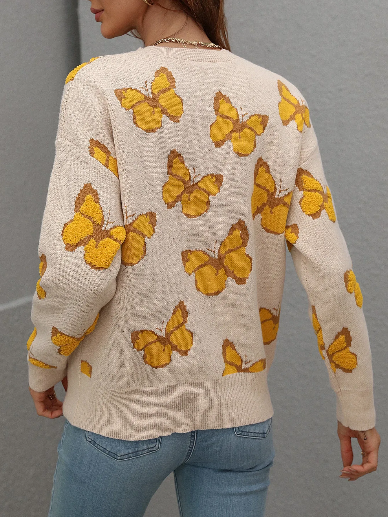 Casual Butterfly Printed Pullover Long Sleeves Knitted Tops