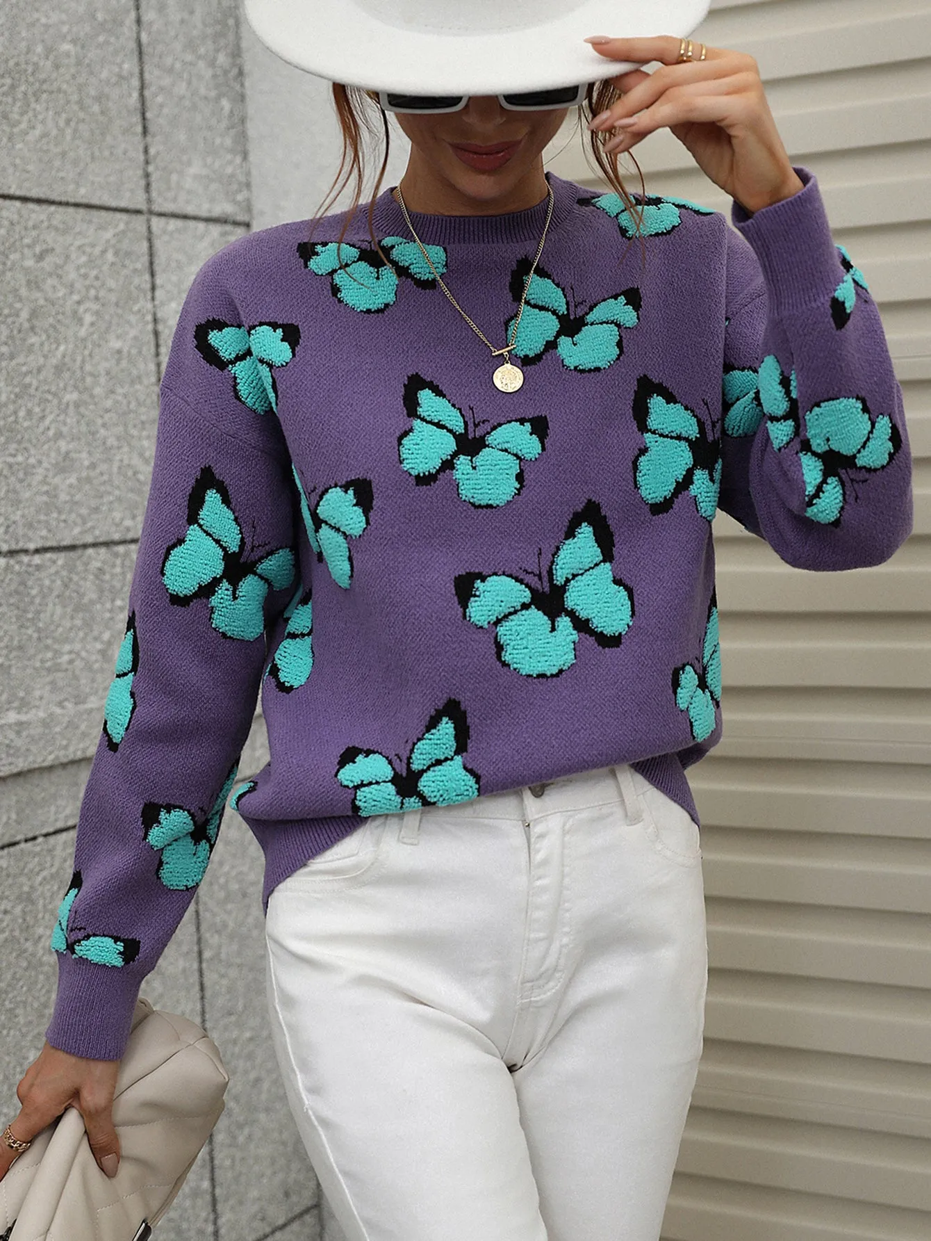 Casual Butterfly Printed Pullover Long Sleeves Knitted Tops