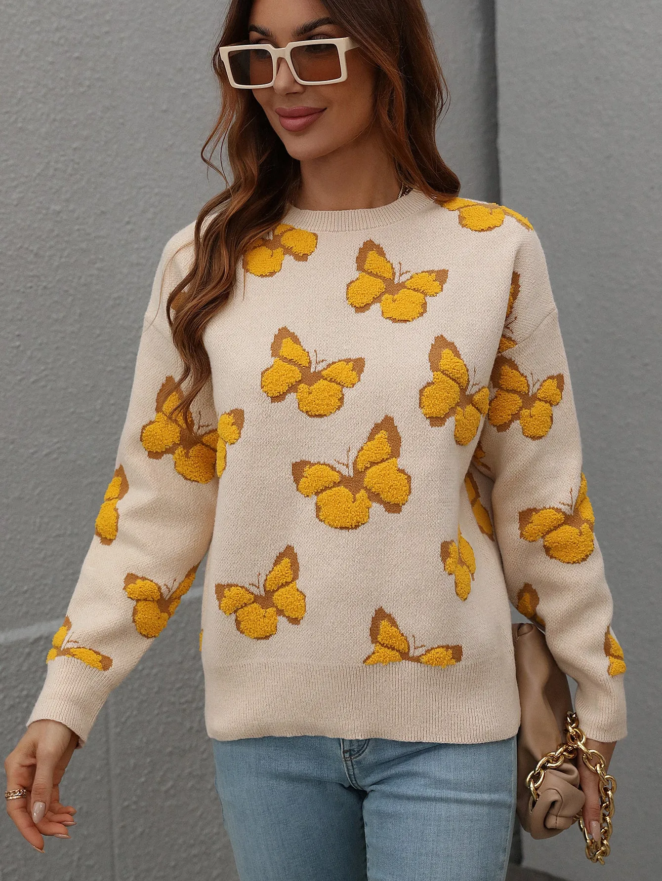 Casual Butterfly Printed Pullover Long Sleeves Knitted Tops