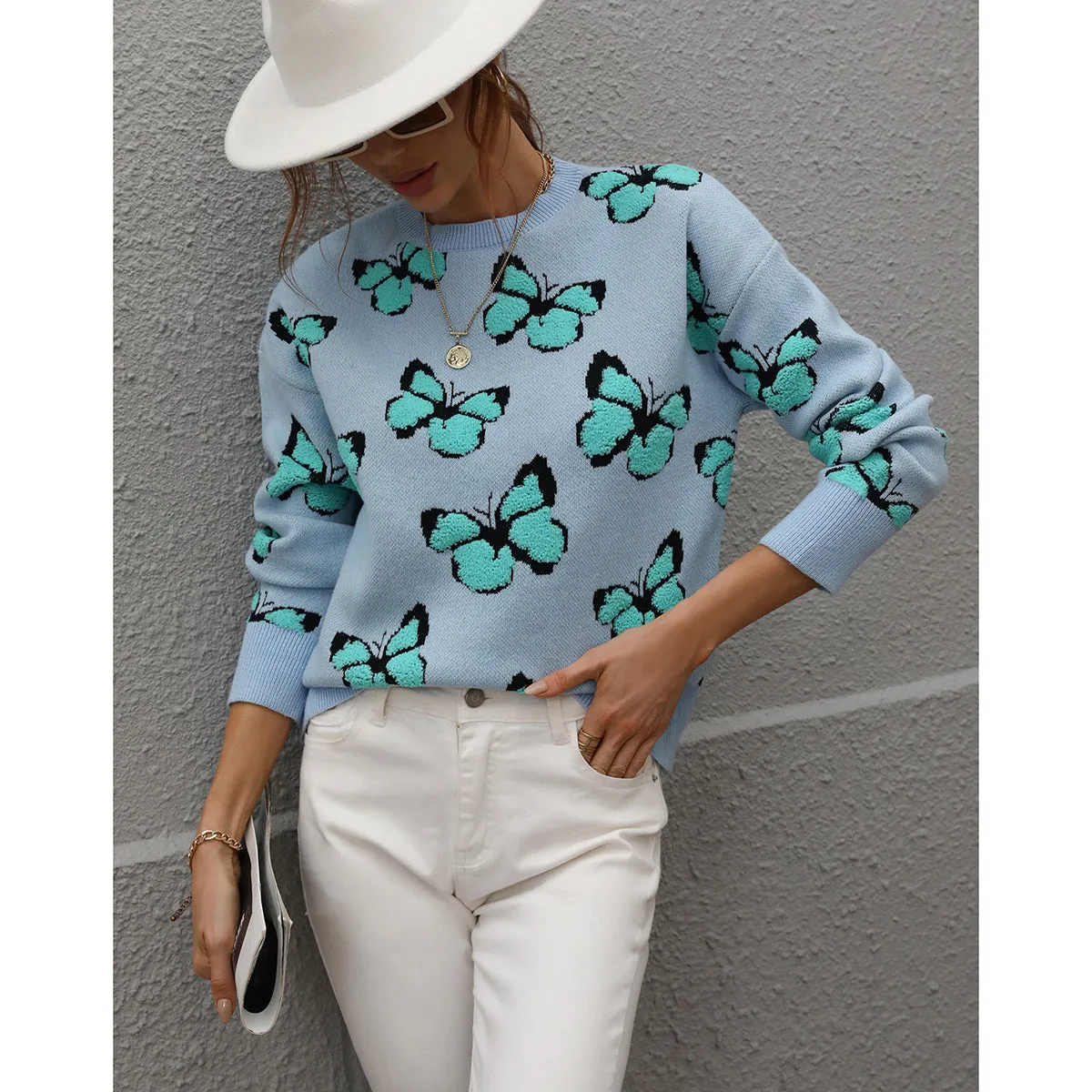 Casual Butterfly Printed Pullover Long Sleeves Knitted Tops