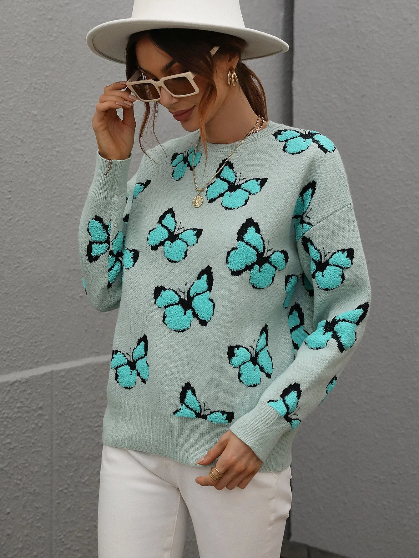 Casual Butterfly Printed Pullover Long Sleeves Knitted Tops