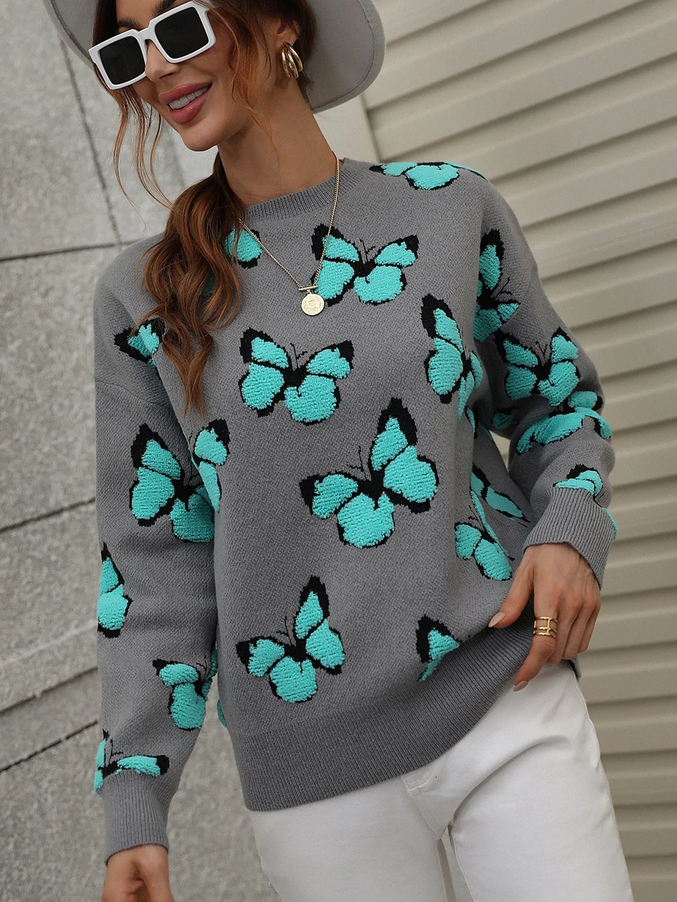 Casual Butterfly Printed Pullover Long Sleeves Knitted Tops