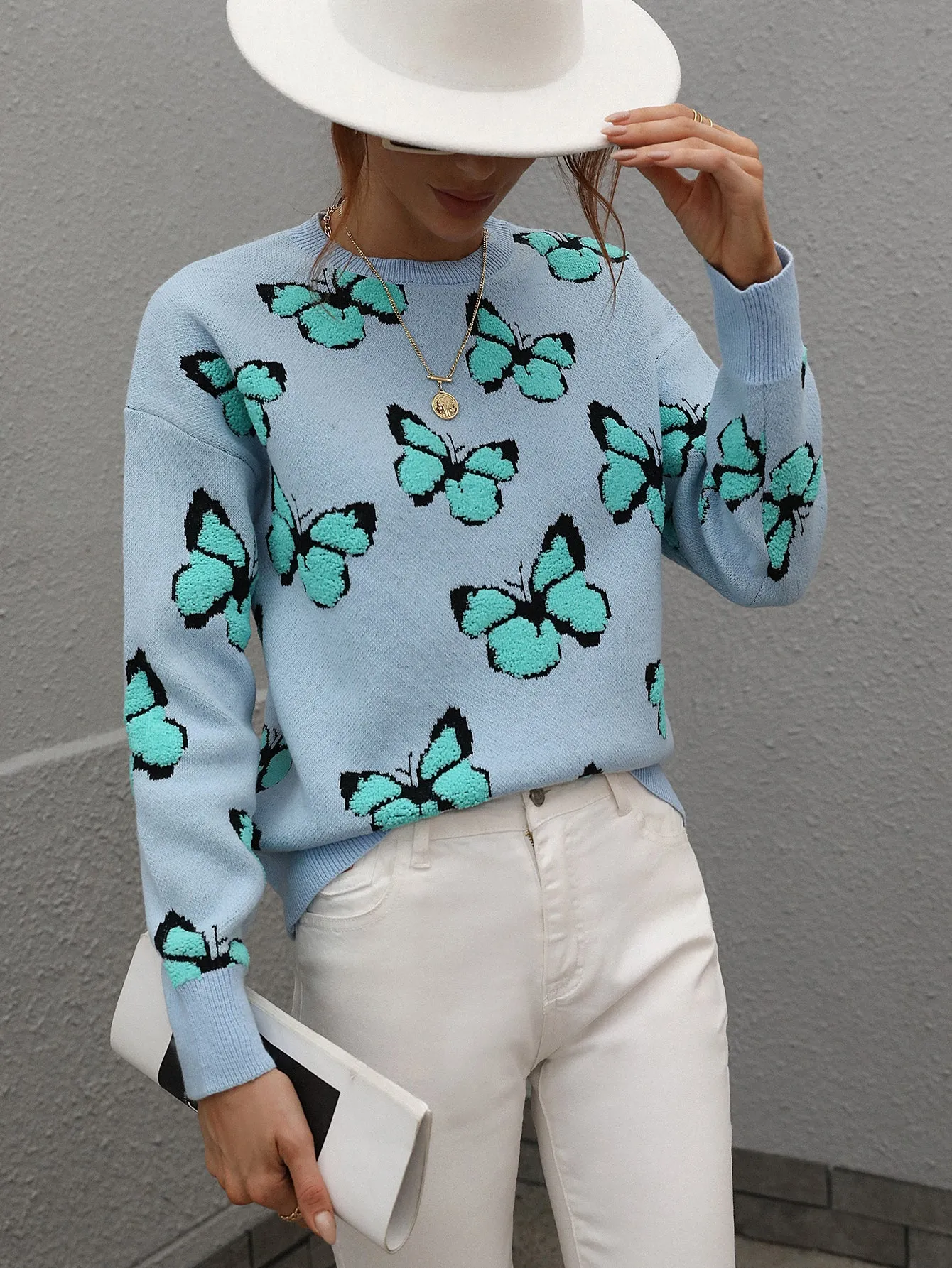 Casual Butterfly Printed Pullover Long Sleeves Knitted Tops