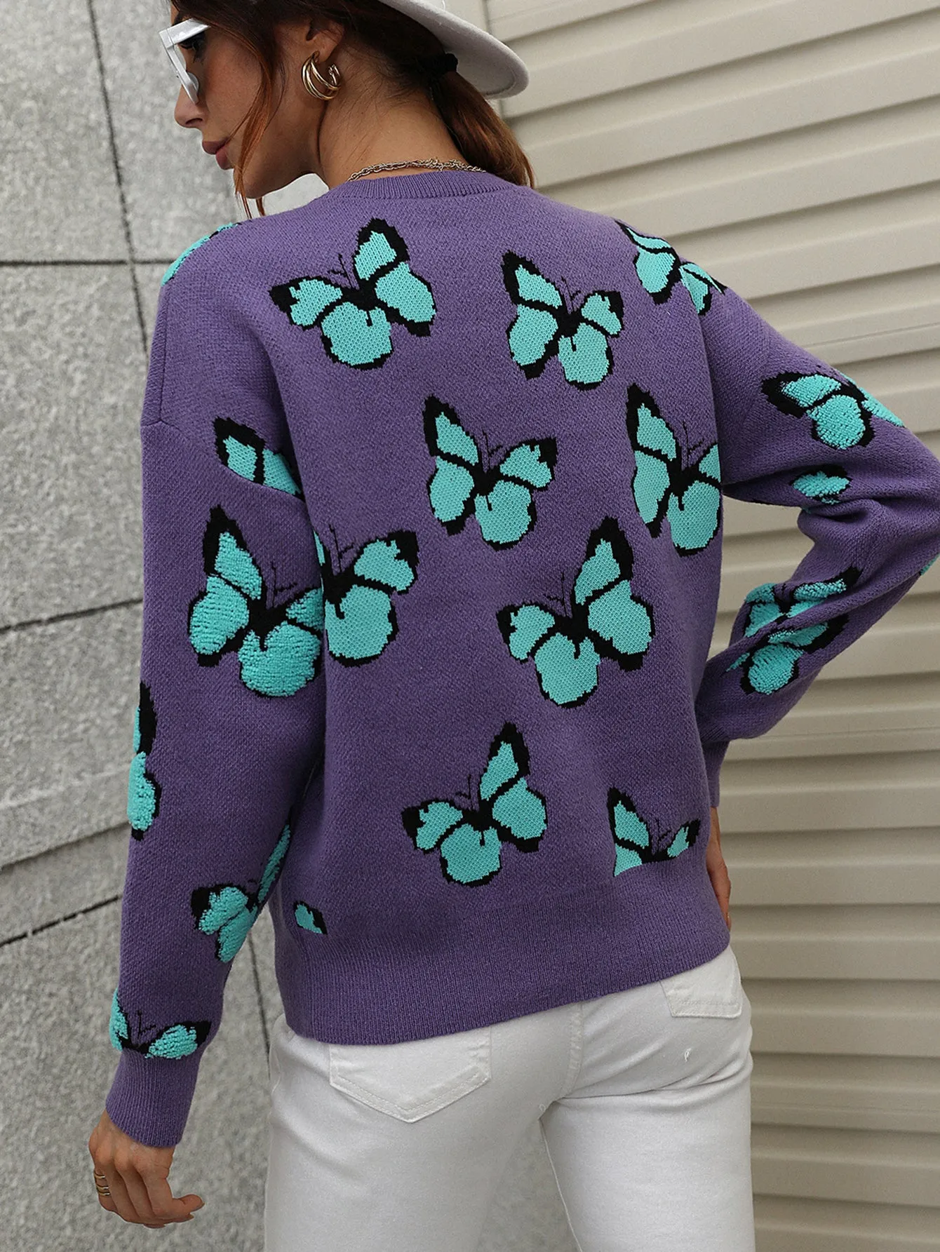 Casual Butterfly Printed Pullover Long Sleeves Knitted Tops