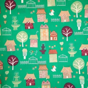 Cotton Blends Polycotton Prints Novelty And Misc. Prints Town Walk Houses Trees Fountains Dogs on Jade