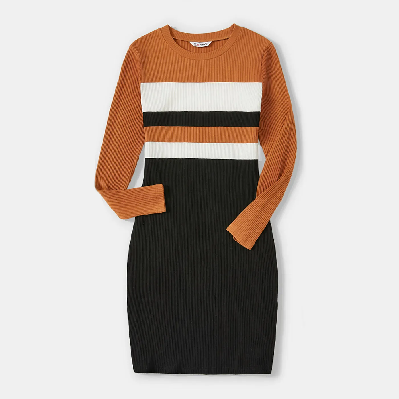 Family Matching Cotton Rib Knit Colorblock Long-sleeve Bodycon Dresses and Tops Sets