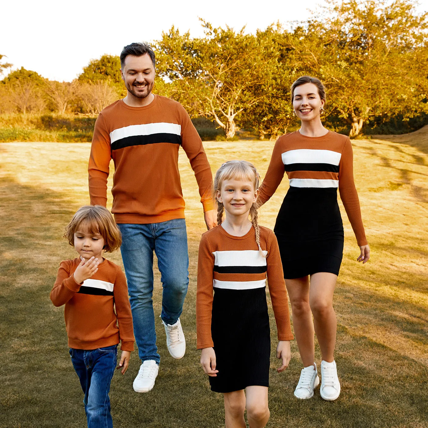 Family Matching Cotton Rib Knit Colorblock Long-sleeve Bodycon Dresses and Tops Sets