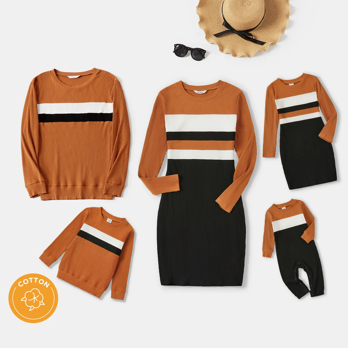 Family Matching Cotton Rib Knit Colorblock Long-sleeve Bodycon Dresses and Tops Sets