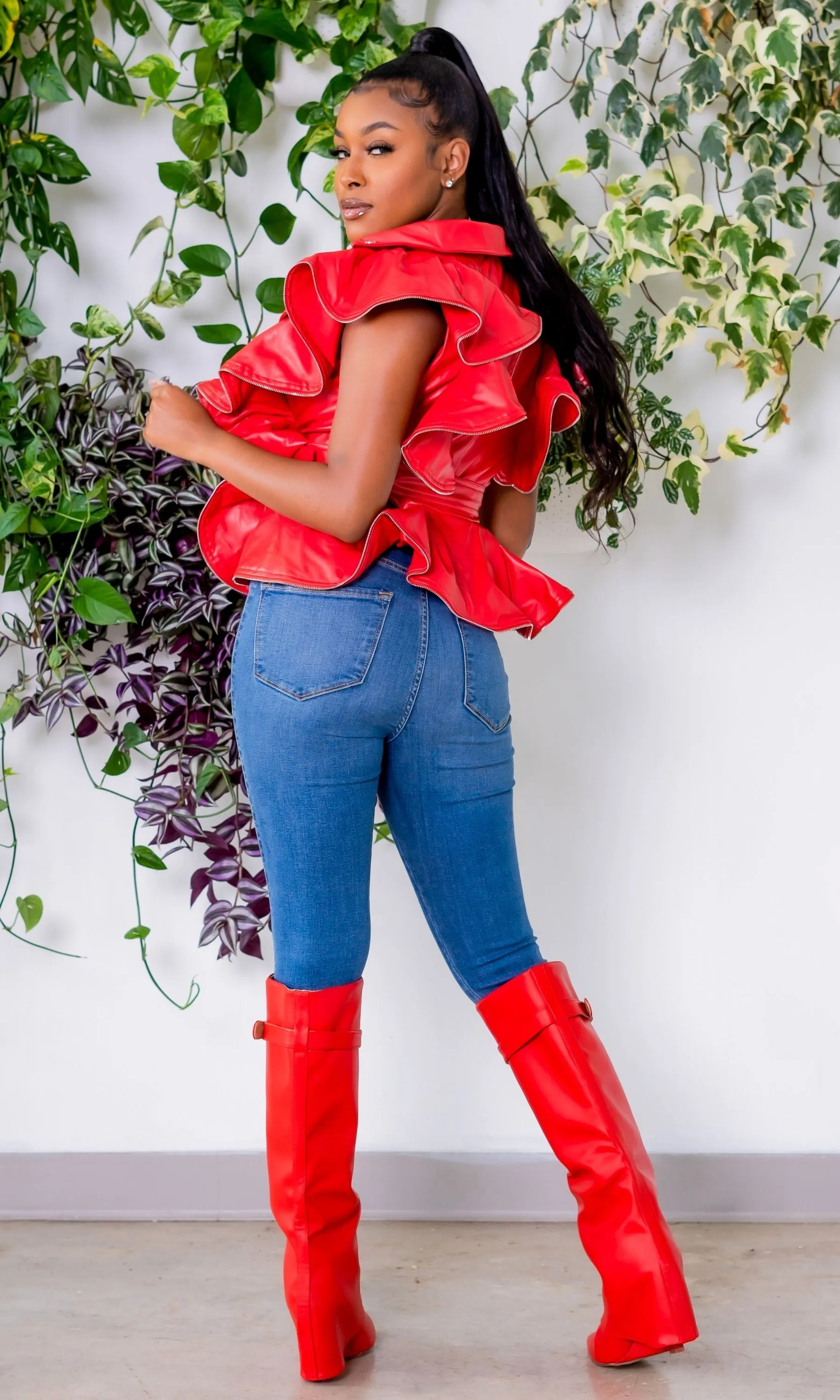 Going Live Sleeveless Vegan Leather Ruffle Jacket - Red