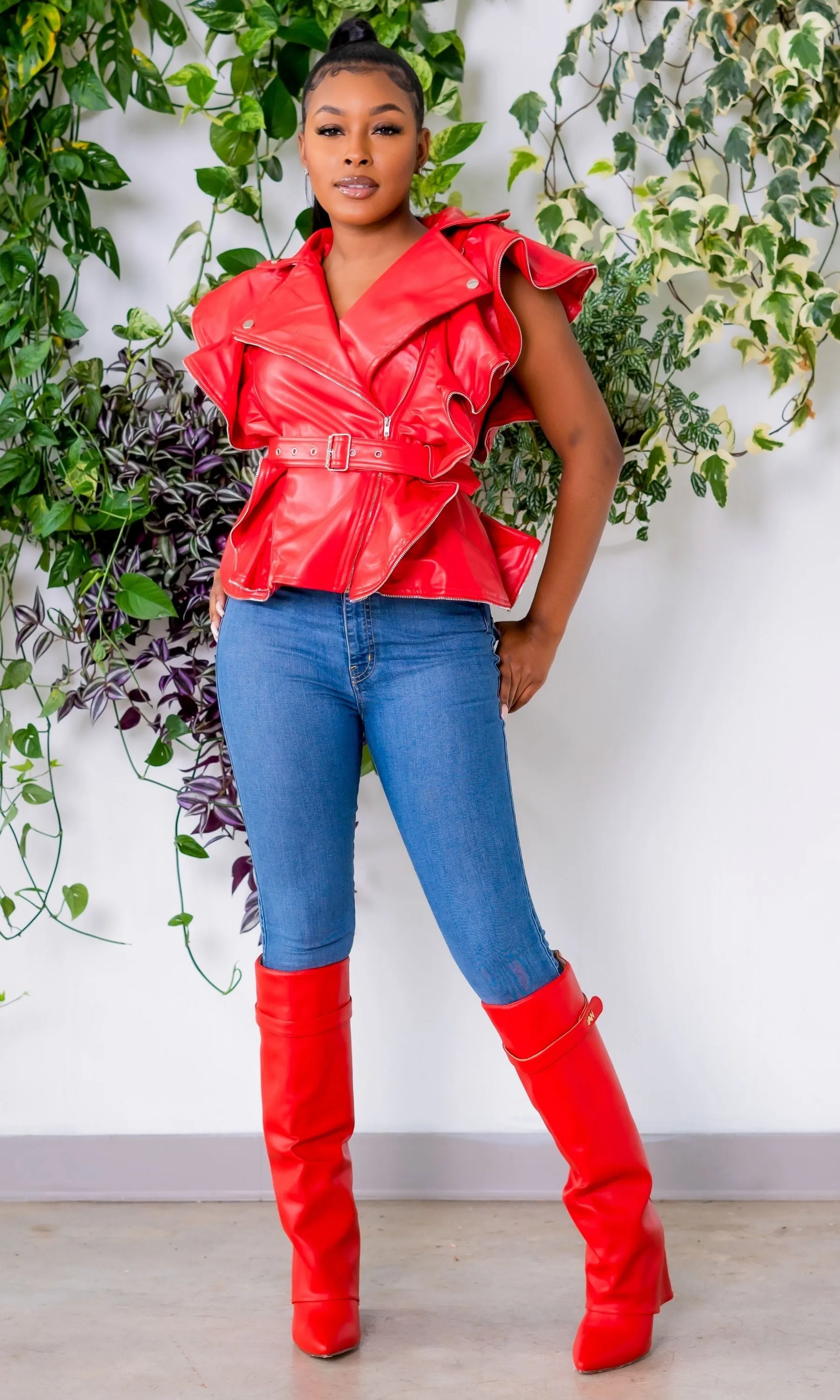 Going Live Sleeveless Vegan Leather Ruffle Jacket - Red