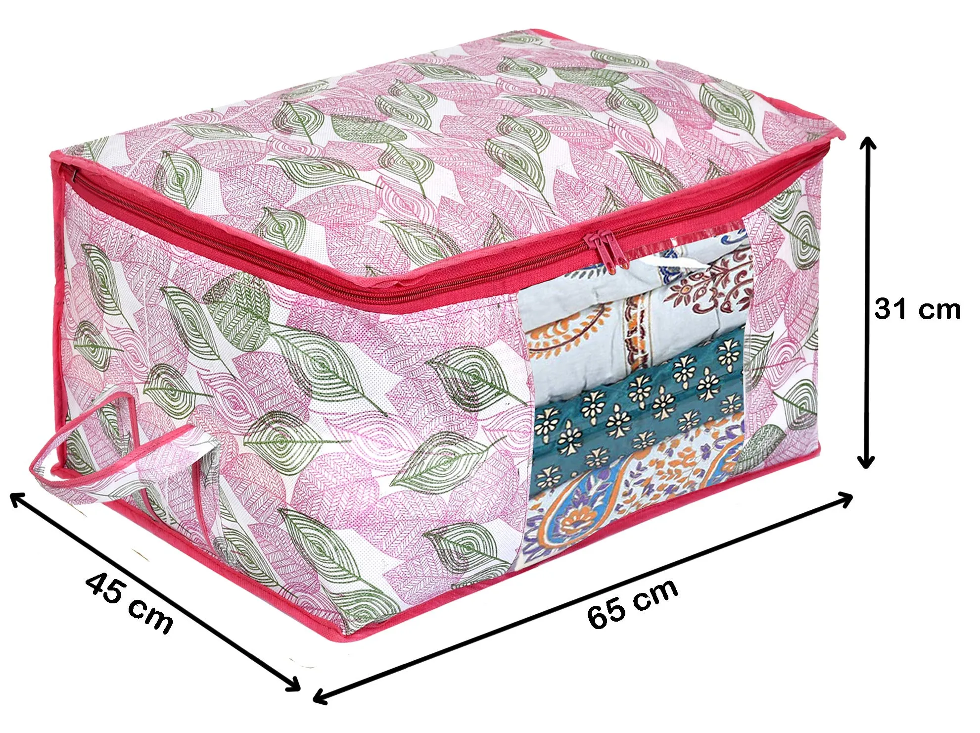 Heart Home Metalic Leafy Print Non Woven 6 Pieces Underbed Storage Bag,Cloth Organiser,Blanket Cover with Transparent Window (Pink)-HHEART16621