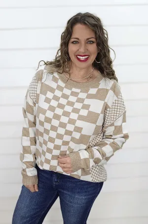 KHAKI CHECKERED DROP SHOULDER SWEATER