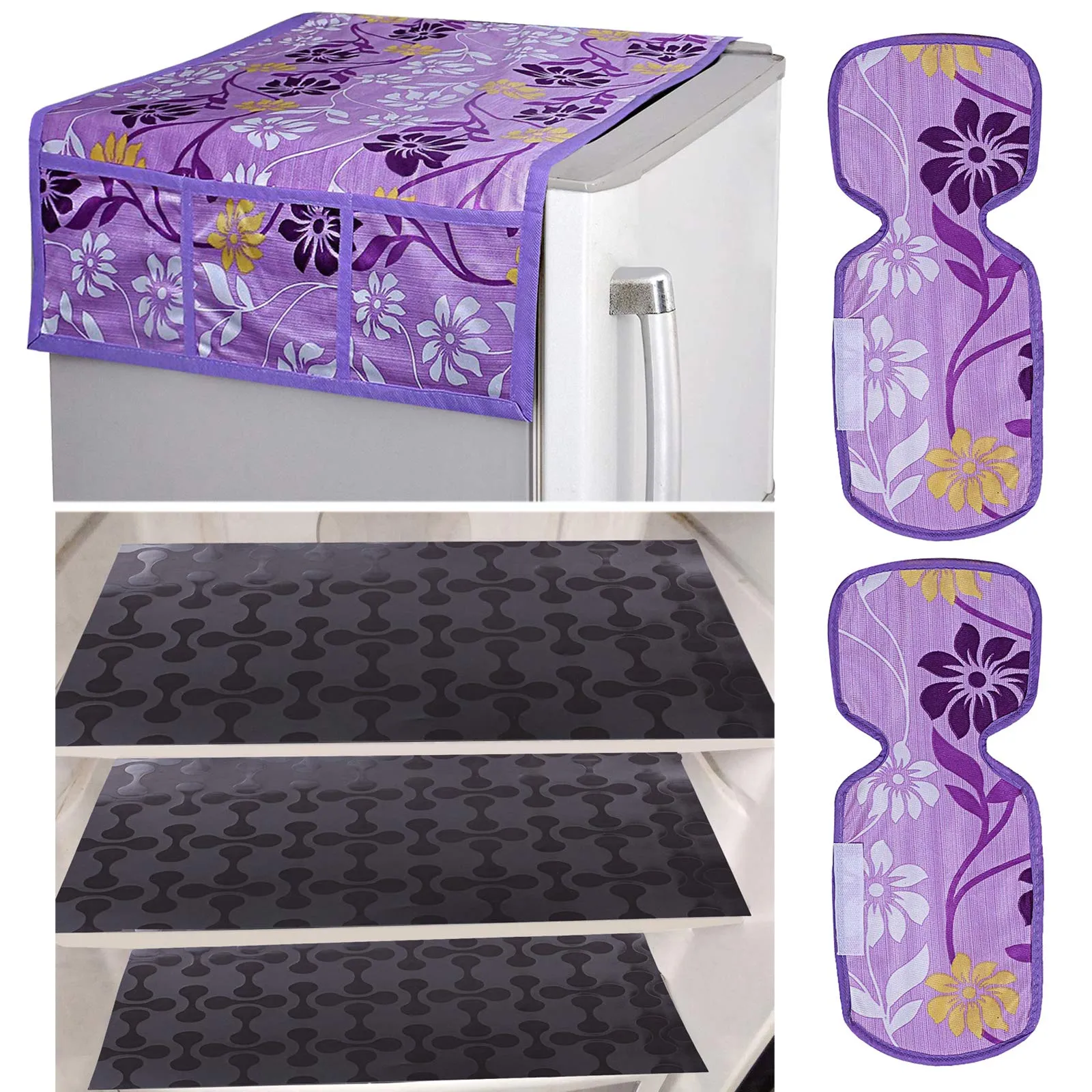 Kuber Industries Flower Design Combo PVC 3 Pieces Fridge Mats, 2 Piece Handle Cover and 1 Piece Fridge Top Cover(Purple)