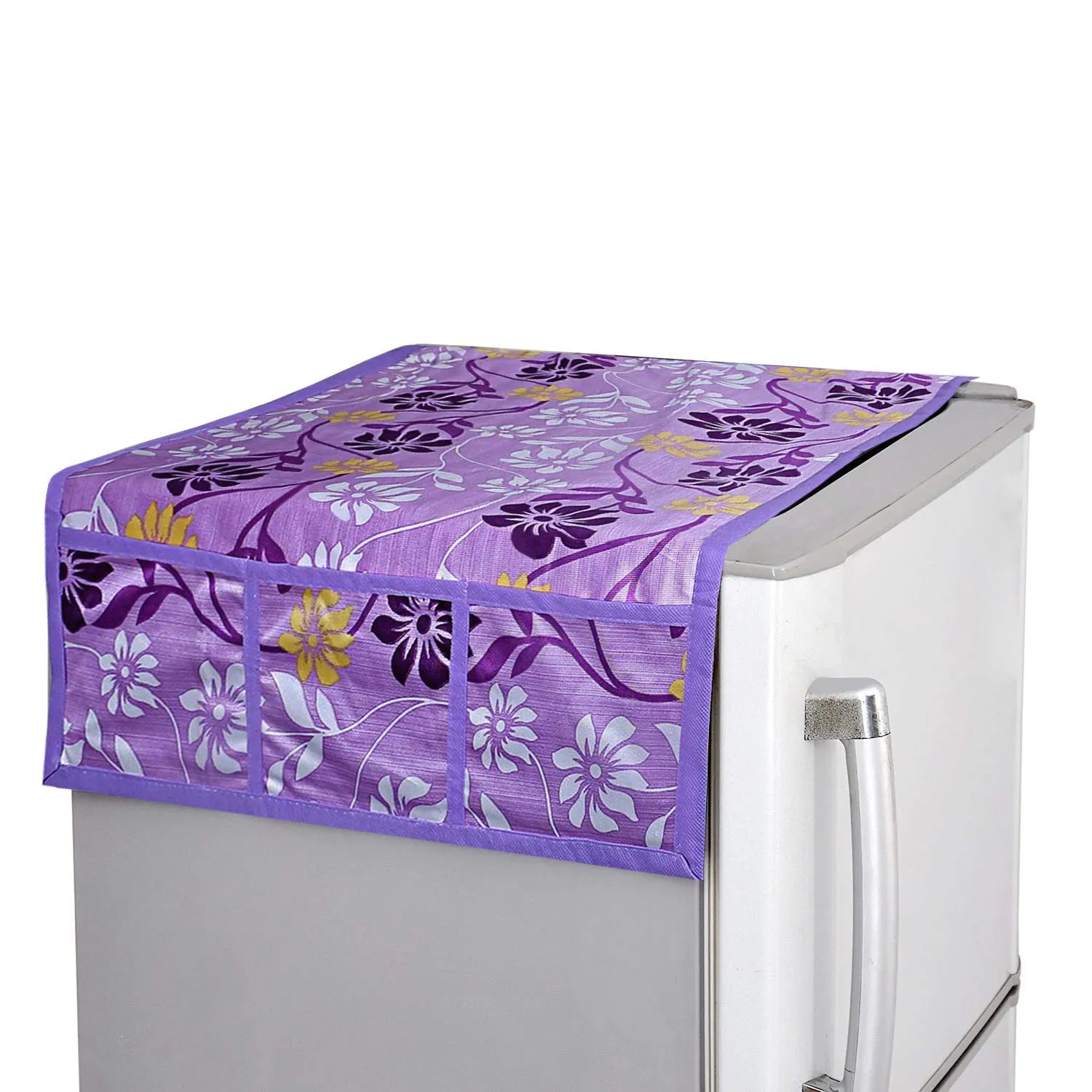 Kuber Industries Flower Design Combo PVC 3 Pieces Fridge Mats, 2 Piece Handle Cover and 1 Piece Fridge Top Cover(Purple)