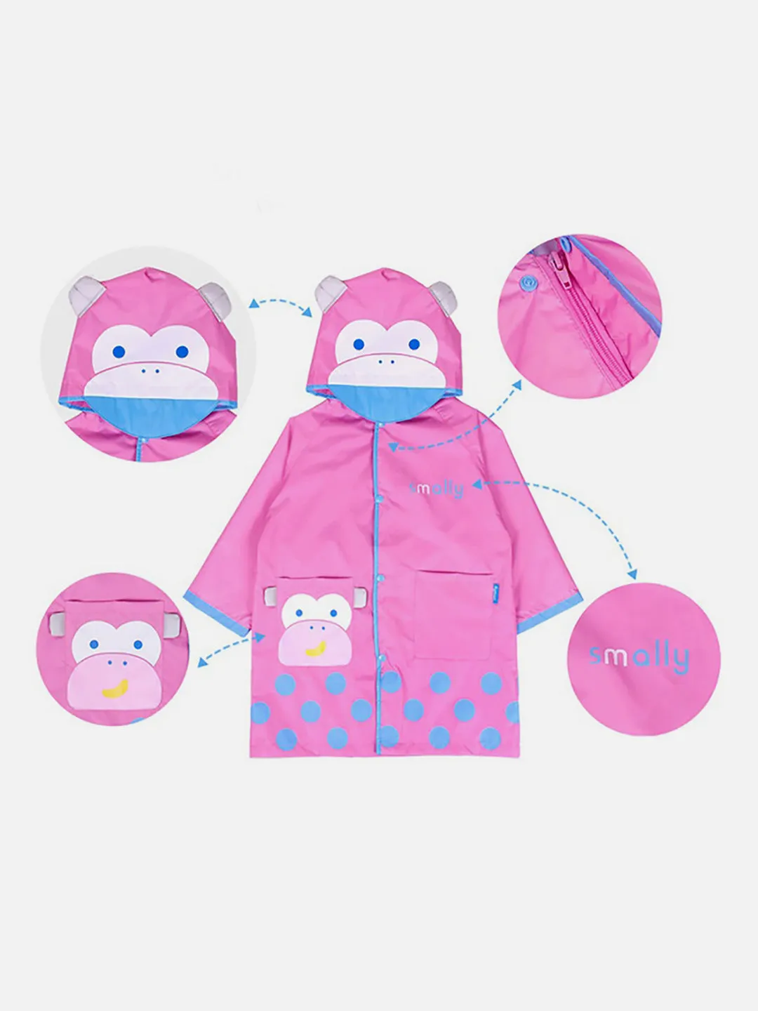 Little Surprise Box Pink Monkey Knee Length Raincoat for Kids