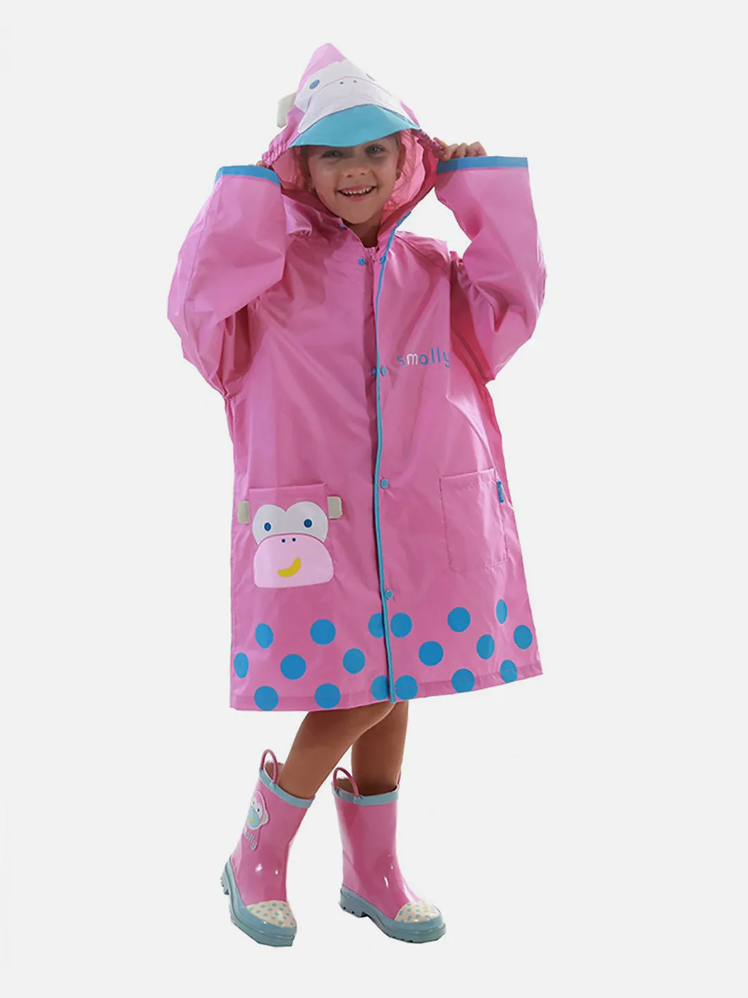 Little Surprise Box Pink Monkey Knee Length Raincoat for Kids