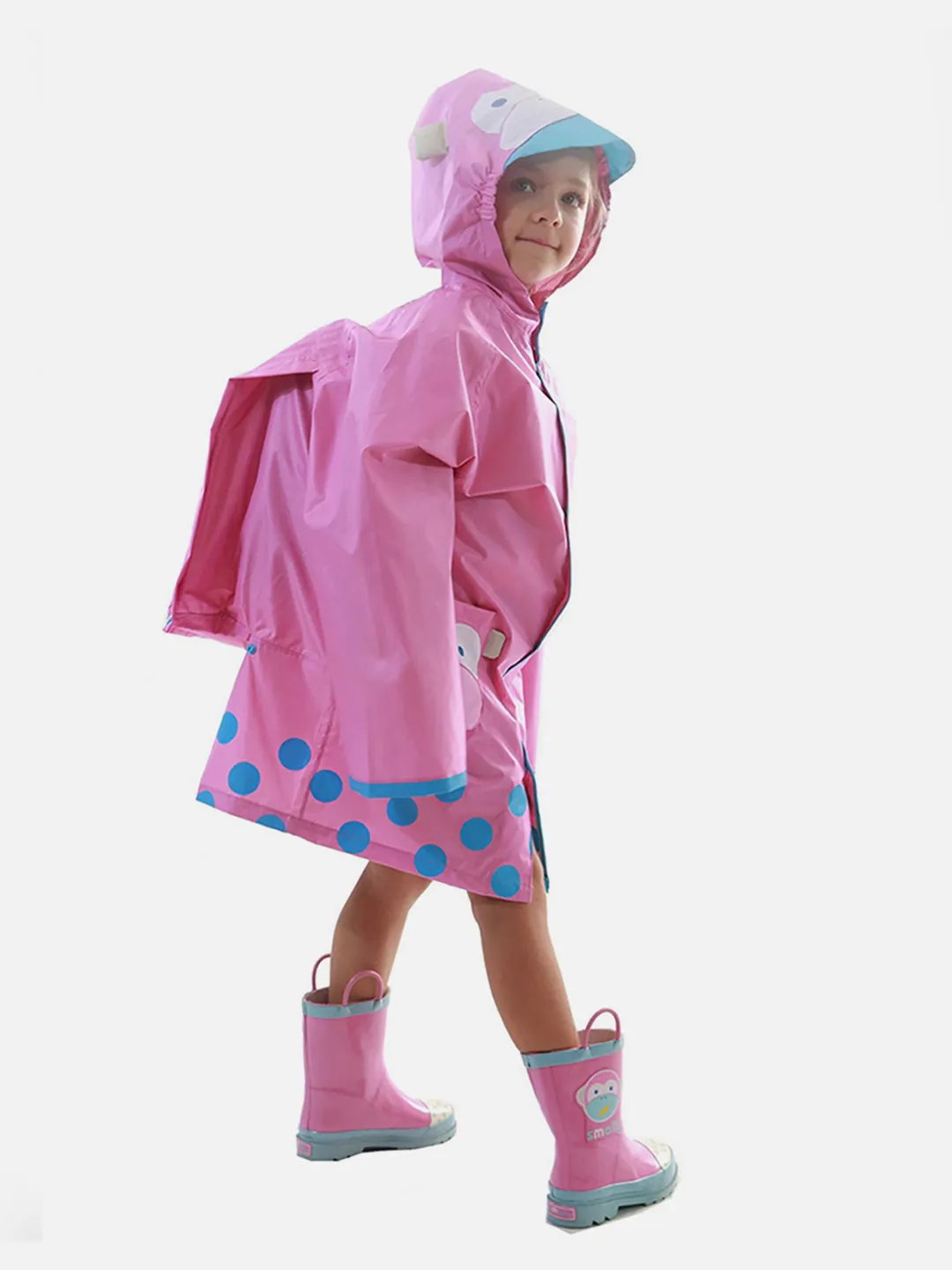 Little Surprise Box Pink Monkey Knee Length Raincoat for Kids