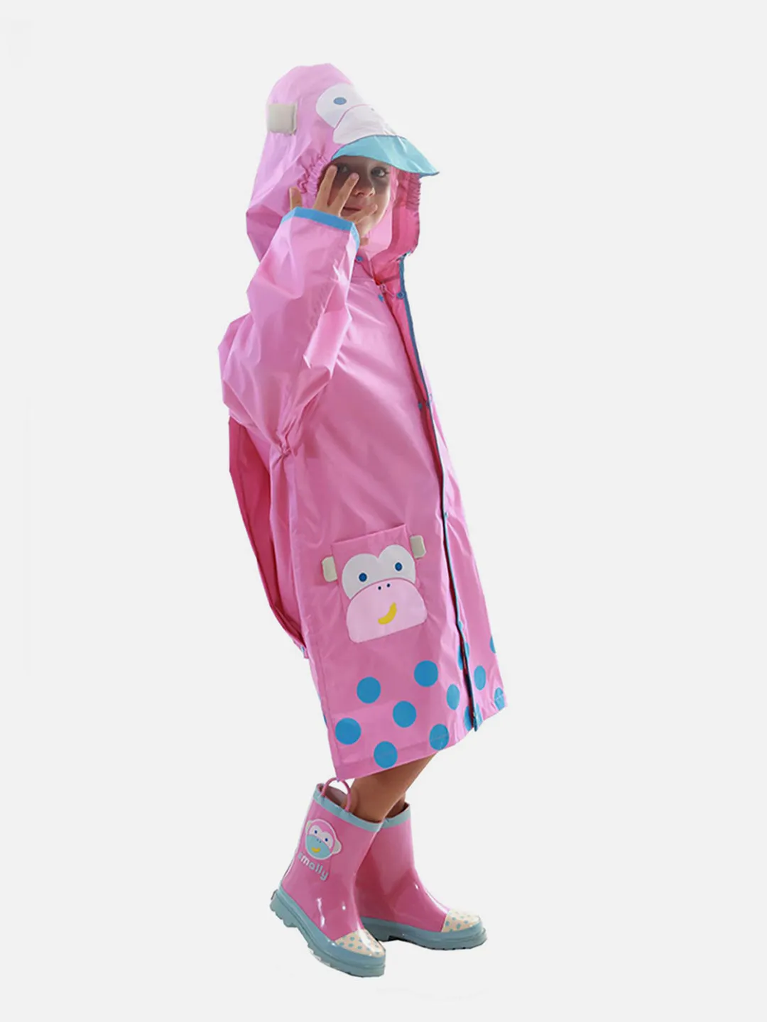 Little Surprise Box Pink Monkey Knee Length Raincoat for Kids