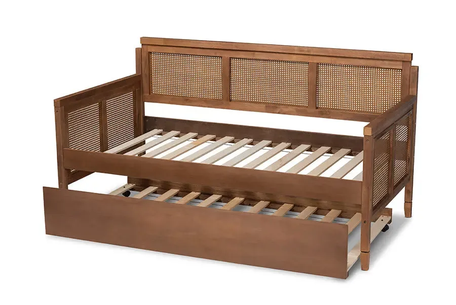 Peyton Vintage French Inspired Ash Wanut Finished Wood and Synthetic Rattan Daybed w/Trundle