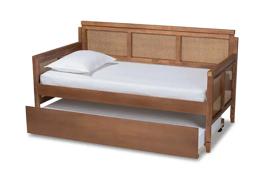 Peyton Vintage French Inspired Ash Wanut Finished Wood and Synthetic Rattan Daybed w/Trundle