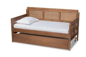 Peyton Vintage French Inspired Ash Wanut Finished Wood and Synthetic Rattan Daybed w/Trundle